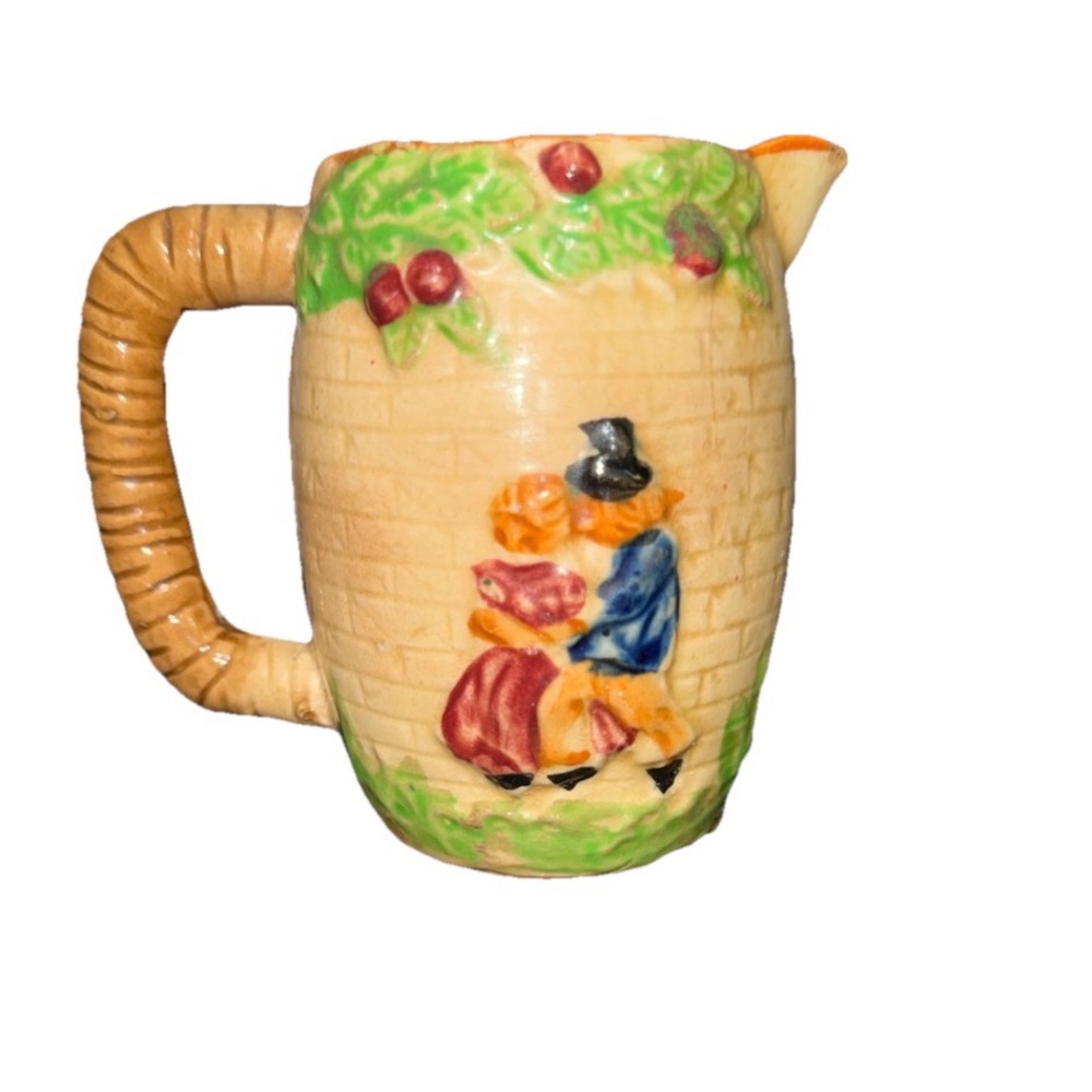 Vintage 1940s majolica hand-painted small barrel pitcher made in Japan